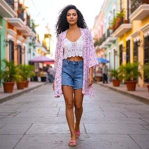 Orchid Haze Kimono Pink Cover Up Jacket Size M Women Floral Bohemian Beach Coast